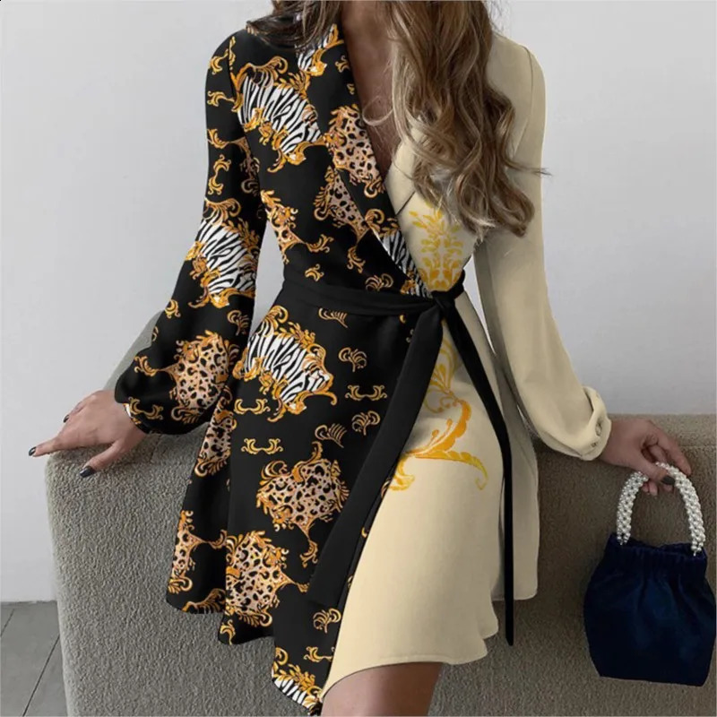 Womens Summer Style Onepiece Color Blocked Lace Up Dress With Vneck Long Sleeved High Waisted Retro Floral Short Skirt 250227Z