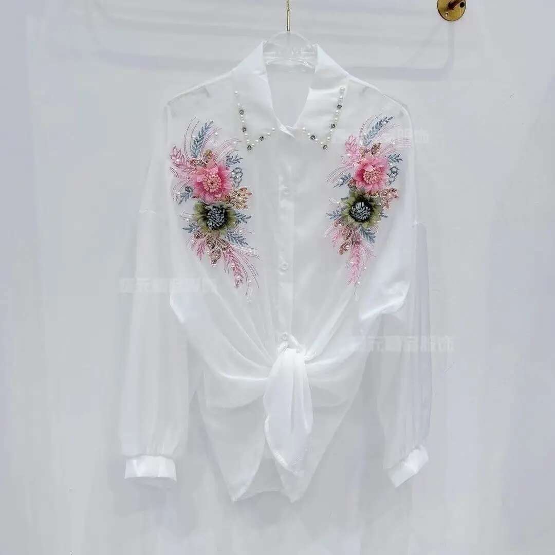 3D Wer Sun Protection Shirt Cardigan Women Heavy Industry Beads Dia-Embedded Blouse Sweet Loose Top