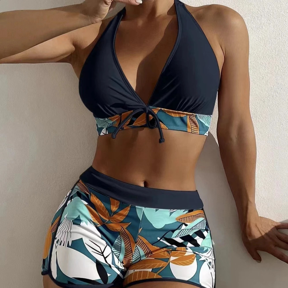 15 Colors Swimwear Women TwoPiece Suit Patchwork Halter Bikini Top With High Waisted Boxer Bottom College Sporty Surfing 250227