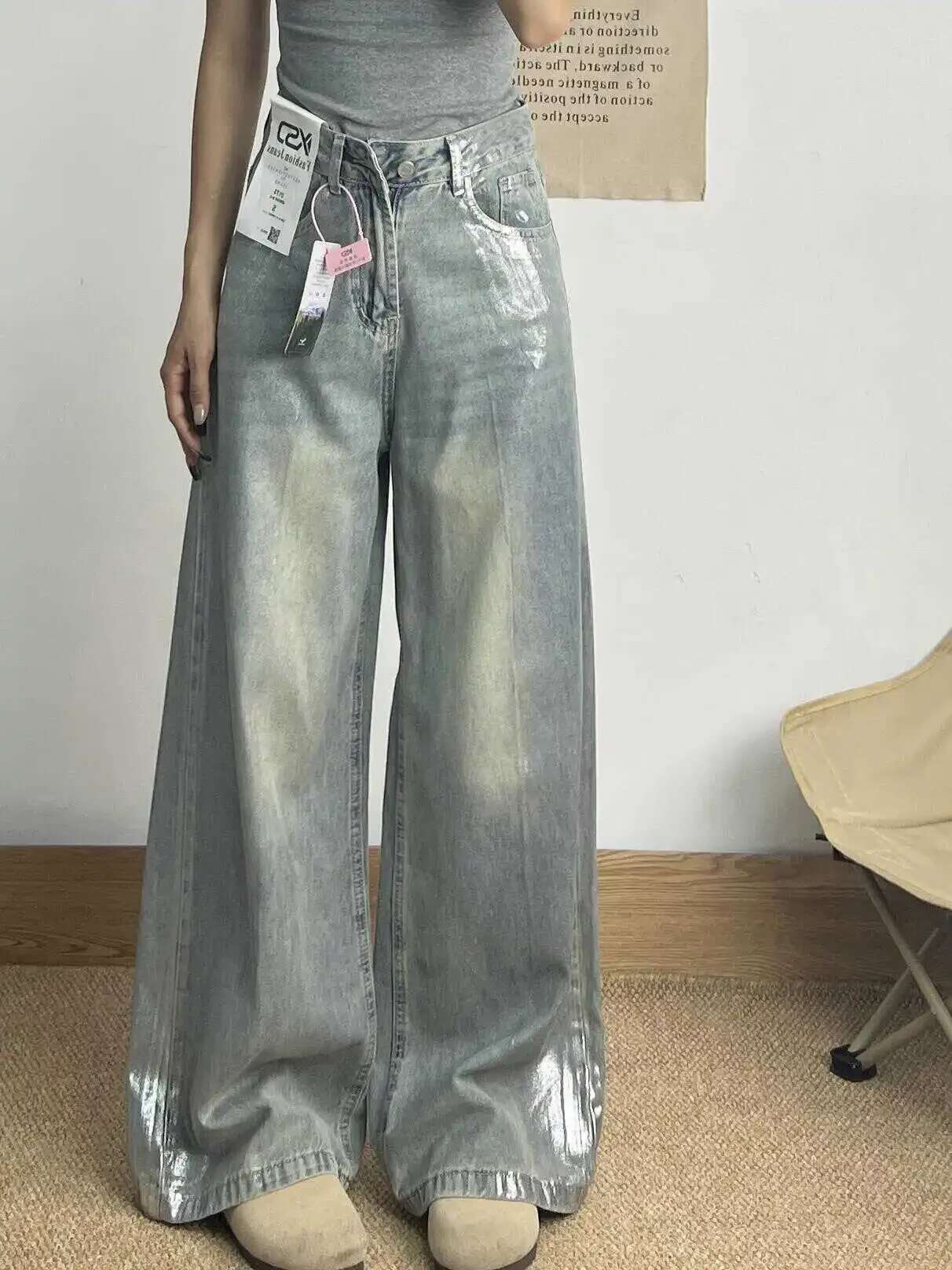 Grey Jeans Women 90S Vintage Personality High Waisted Straight Trouser Streetwear Casual Loose Girl Wide Leg Classic Denim Pants