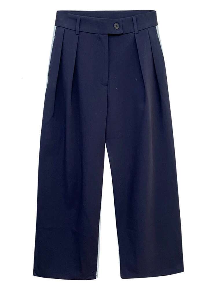 DEAT Fashion Women's Pants Mid Waist Contract Color Folds Pockets Streetwear Straight Leg Trousers Spring 2025 New Tide 7Ab792