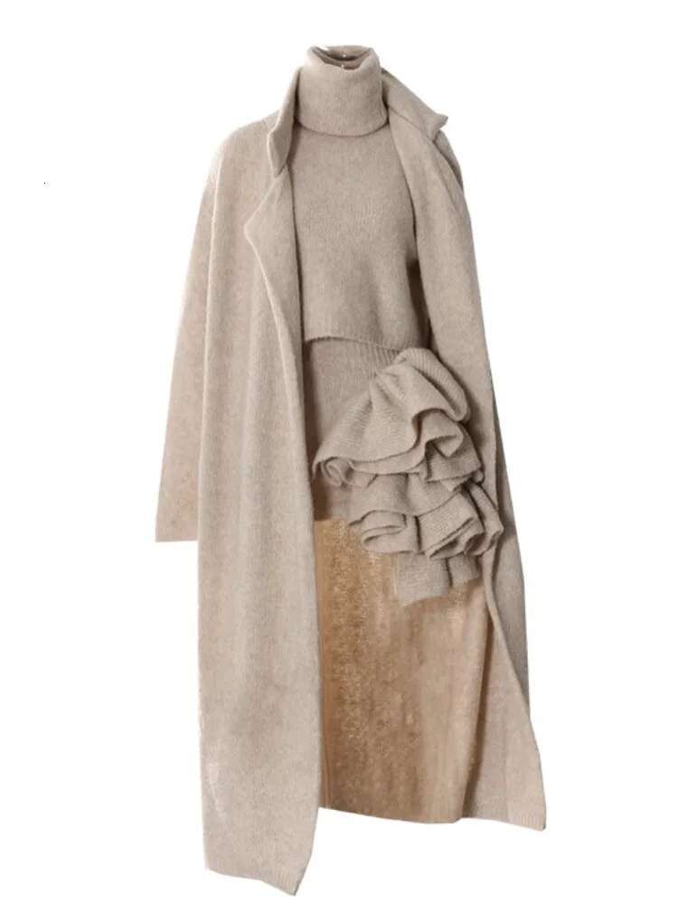 Stand Collar Sleeveless Swerater Long Sleeve Coats Patchwork 3D Wer Skirt 3 Pieces Sets For Women 2025 Spring Zm545