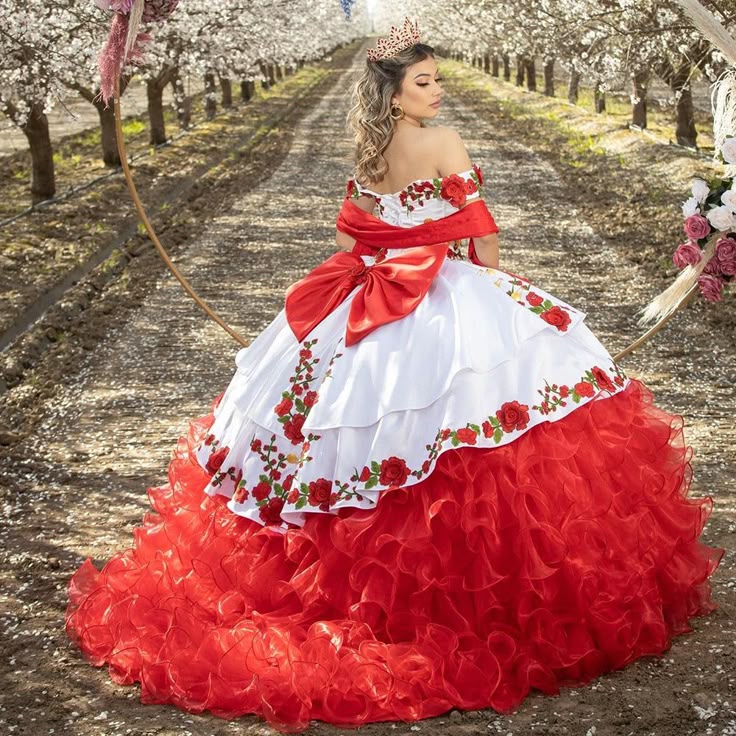 Mexican Charro Quinceanera Dress With Flower Embroidery Off The Shoulder Ruffles Tiered Ball Gown White and Red Sweet 16 Dresses Bow Back