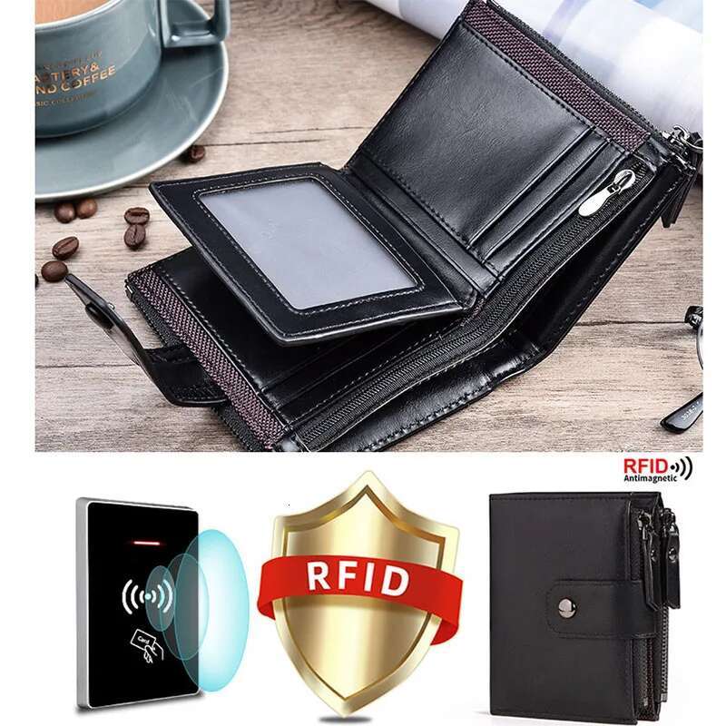 2025 New Men's Designer Coin Wallet RFID Barrier Zipper Retro PU Leather Credit Card Clip Money Bag Wallet