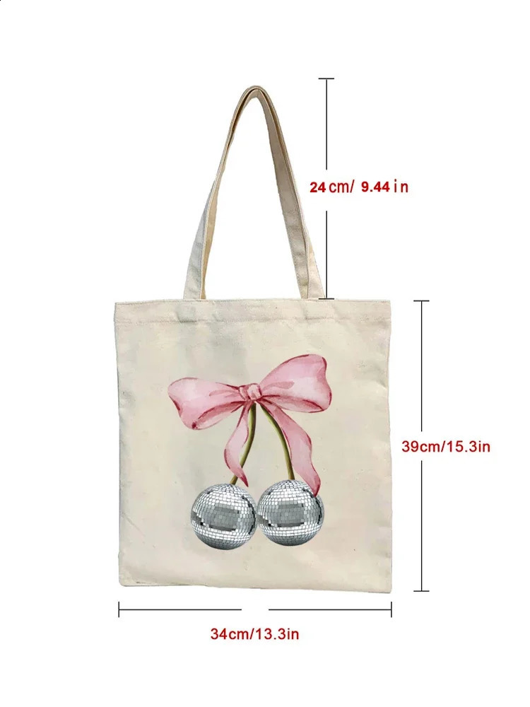 1pc Women Canvas Shoulder Cherry Pattern Shopper Fabric Handbag Students Books Bag Shopping Handbags Tote For Girl 250221
