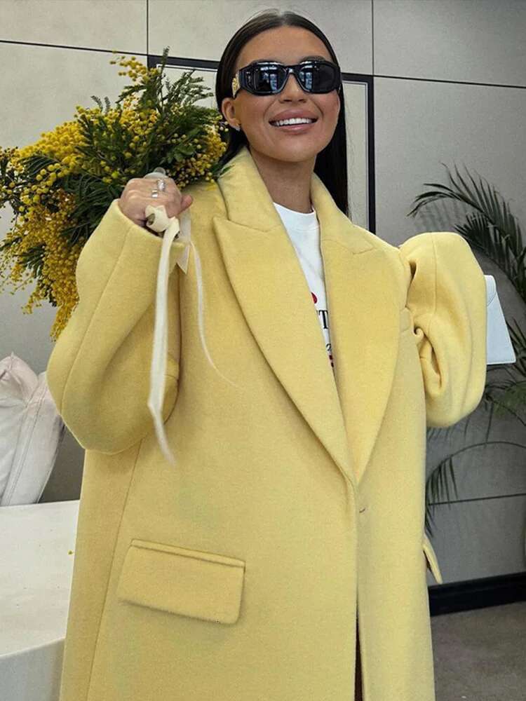 Yellow Woolen Female Coats Turn-Down Collar Loose Lady Jacket 2024 Autumn Winter Long Sleeve One Button Solid Women Coat