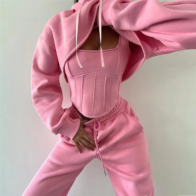 Vsstiar Women Three Piece Set Long Sleeve Hooded Crop Top Irregulary Tanks Pockets Pants Casual Tracksuit Fashion Female Clothes
