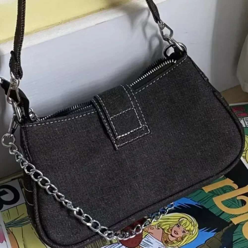 Y2k Women's Handbags Stars Pattern Cool Girls Underarm Bag Fashion Canvas Female Small Shoulder Bags Chain Tote Purses
