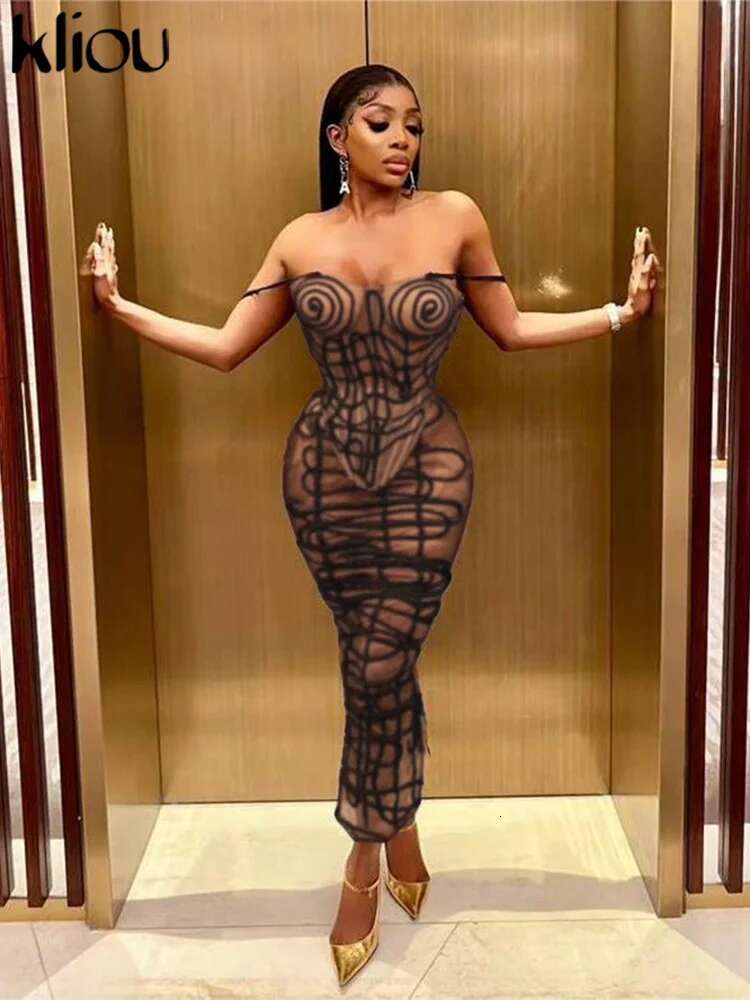 Kliou Summer Women Ankle-Length Sexy Mesh Two Piece Set K24s45555 Girl Striped Camis Slimming Tube+Hip Skirt Matching Attirewear