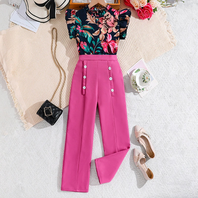 Kids Clothing Sets For Girls Sleeveless Flower Print Top And Solid Color Pants Stylish Girls Vacation Holiday Outfits Kids Suits D263
