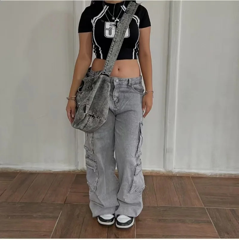 Y2K Washed Retro Jeans Fashion Niche Multi Pocket Street Clothing Zipper Cargo Pants Womens Hip Hop Bag Wide Leg Jeans 250224