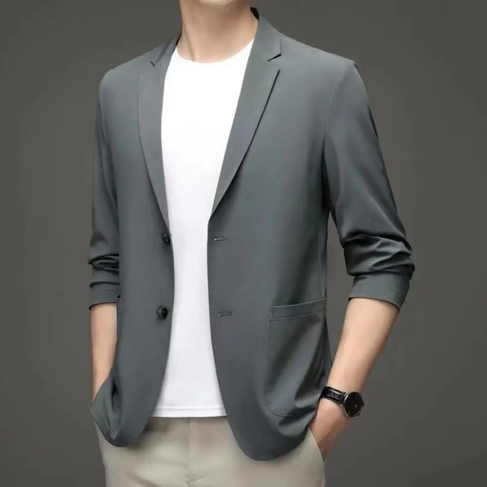 Mens Blazers Formal Summer Suit Coat Business Lapel Long Sleeves Double Buttons Anti-wrinkle Solid Cardigan Loose Work Jacket 250228