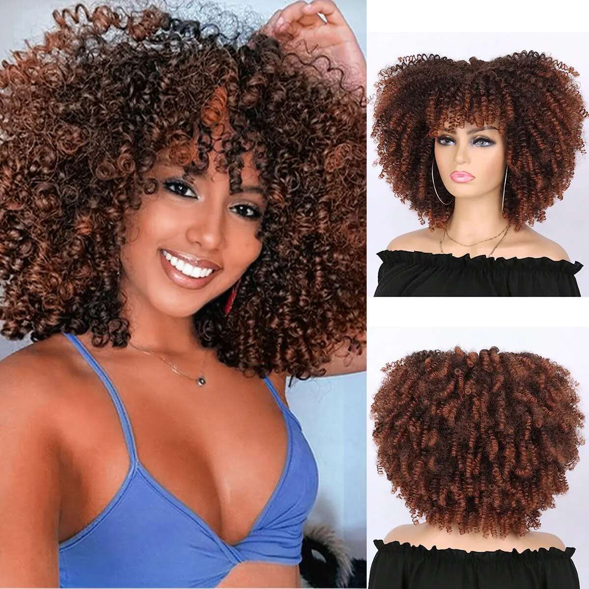 Synthetic Short Afro Kinky Curly Wig With Bangs For Black Women High Temperature Daily Party Headgear With Clips Cosplay