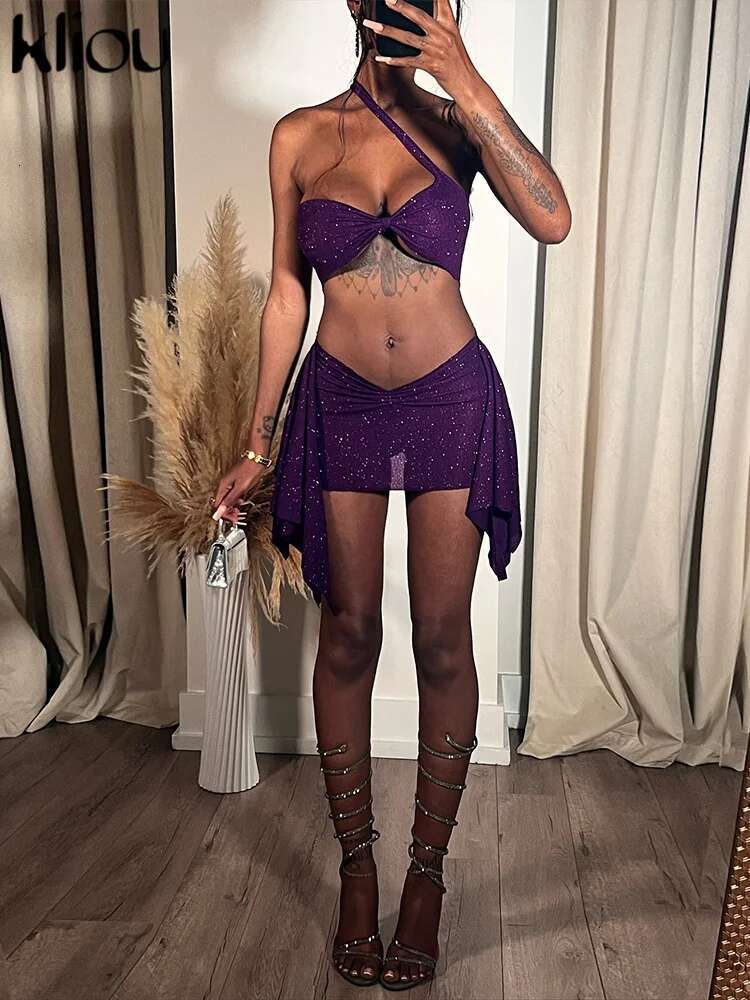 Kliou Sexy Women 2 Piece Set Slash Neck Wrap Chest Bra+Irregular Tassel Slim Ruched Mini Skirts Female Party Midnight Clubwear