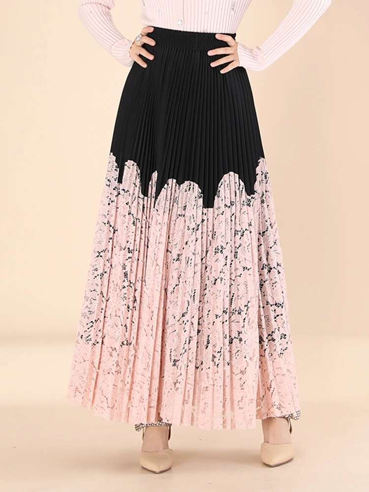 IEQJ Lace Spliced Printing Pleated Skirts For Women High Waist Loose Causal Colorblock Skirt Female Fashion New Clothes 3Wq8666