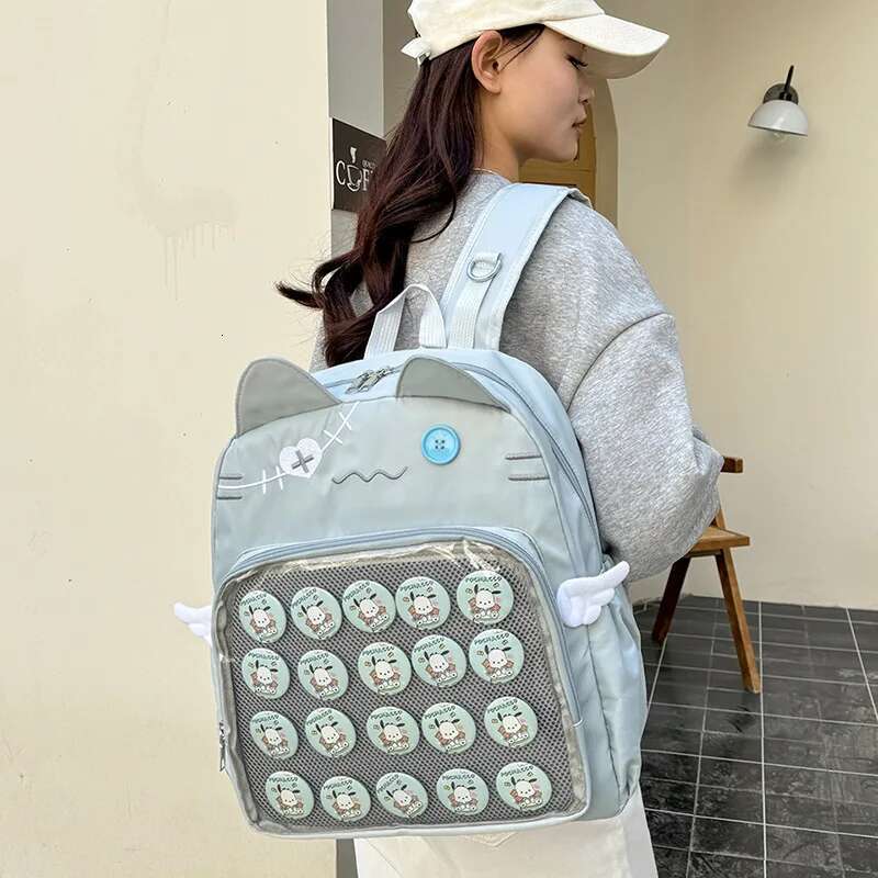 Y2k New Cute Cat Transparent Backpack Kawaii Haruku Girl Ita High-Capacity Student Knapsack Teenage DIY Display School Bag