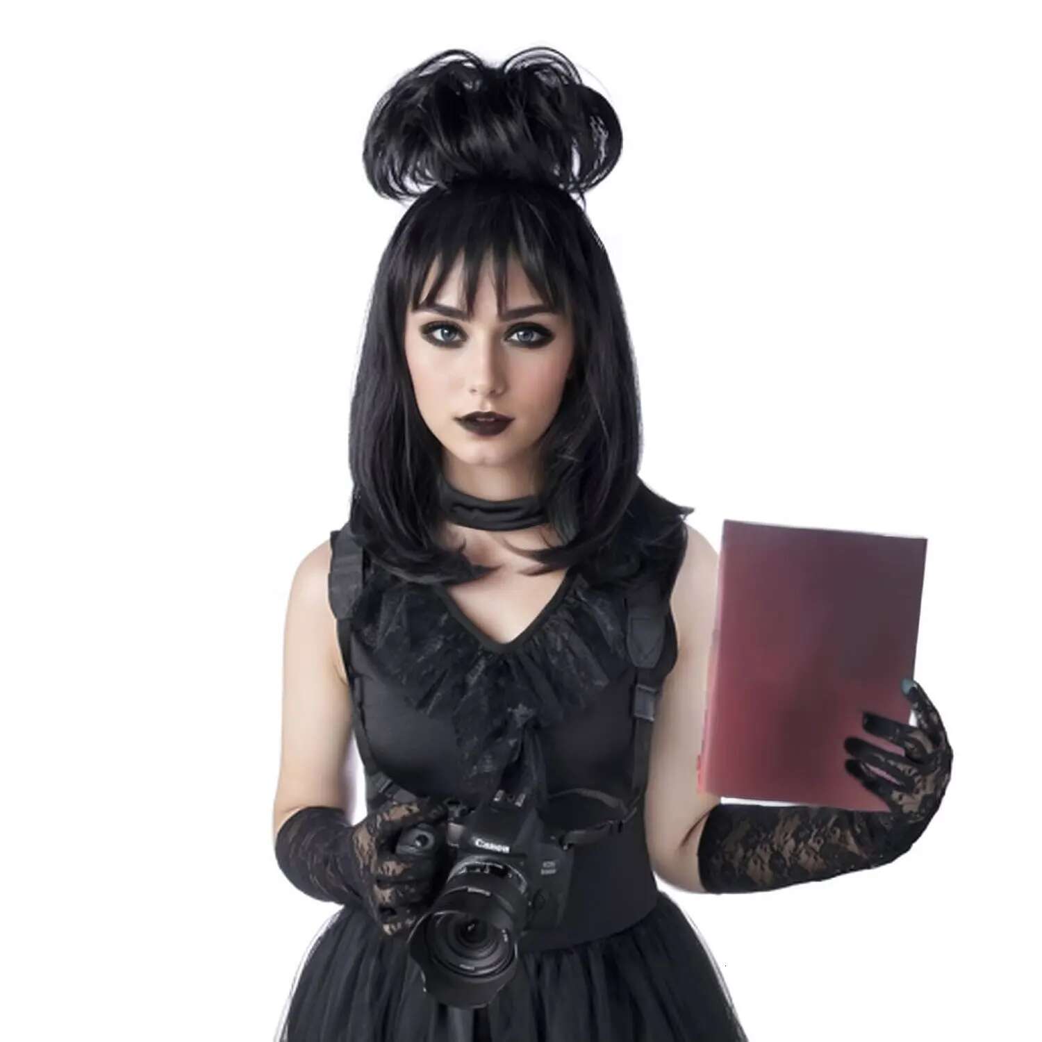 Black Cosplay Wig With Bun Synthetic Bride Costumes,Halloween Costume For Lydia Deetz Wigs For Women