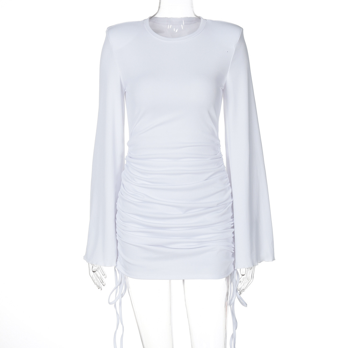 Hot Selling New4 Autumn New Fashionable Spicy Girl Flared Sleeve Round Neck Drawstring Short Hip Hugging Dress