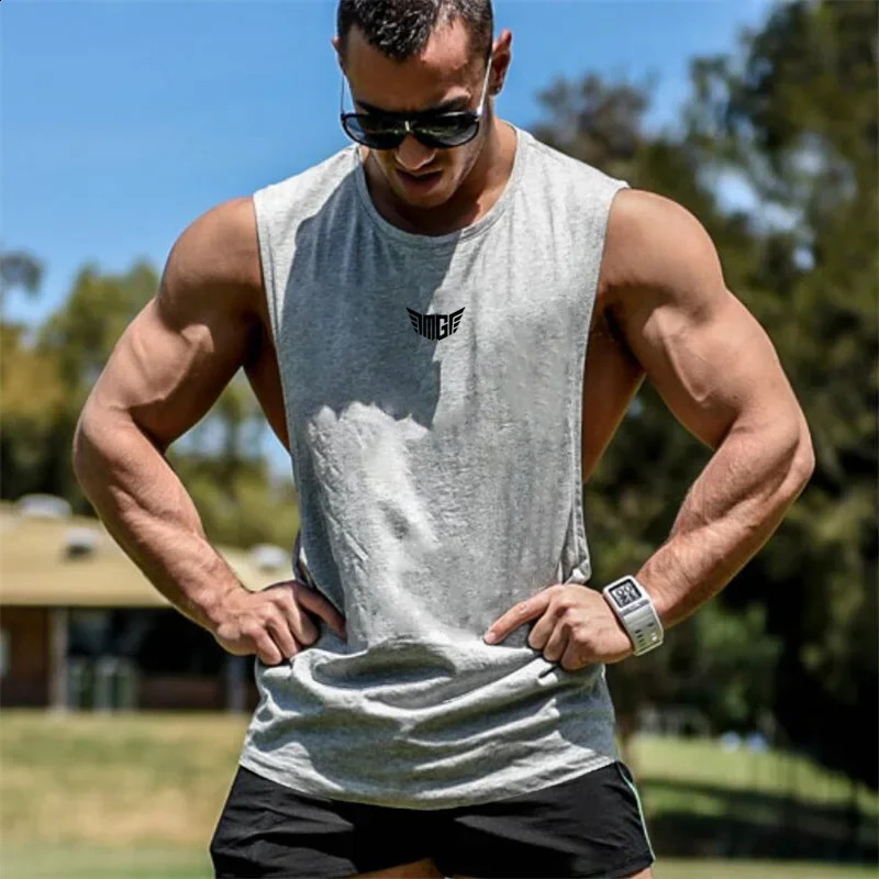 Fitness vest mens sportswear sleeveless sportswear muscular mens vest fitness vest arm hole solid top cotton gym single set 250225