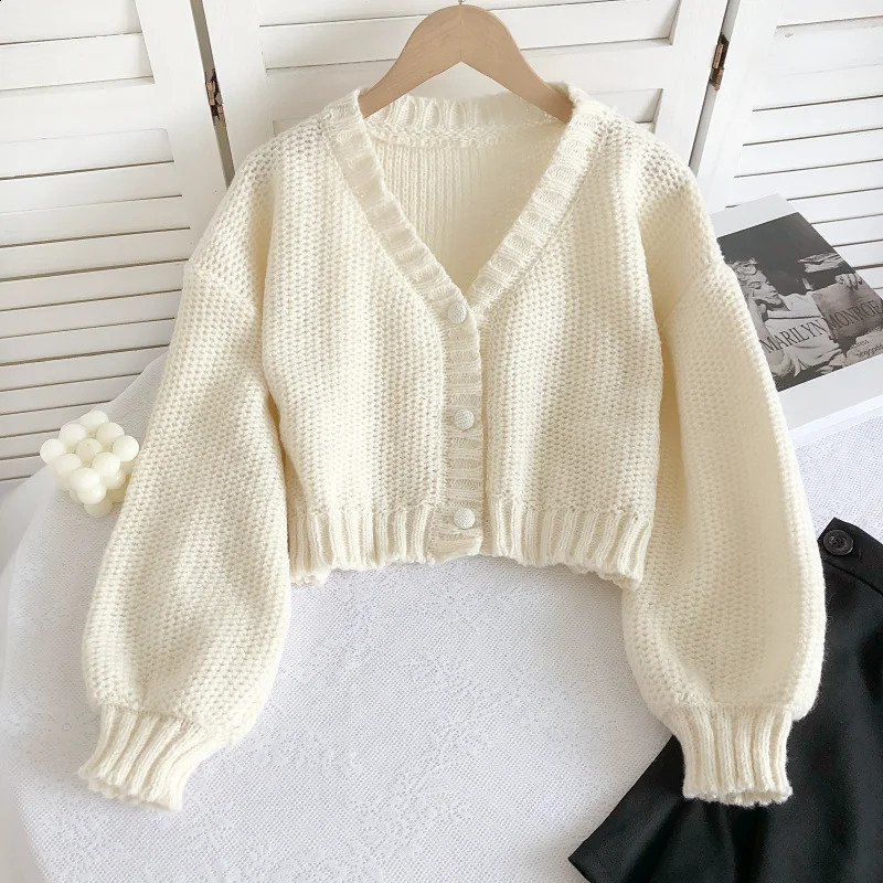 Retro Lazy Vneck Longsleeved Knitted Cardigan Autumn Winter Breasted Sweater Jacket Solid Color Short Women Cardigans 250225
