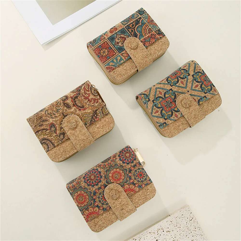 Retro Printed Short Zipper Small Wallet Portable Cork Coin Purse Multi Functional Slot Women's Card Holder Wallets