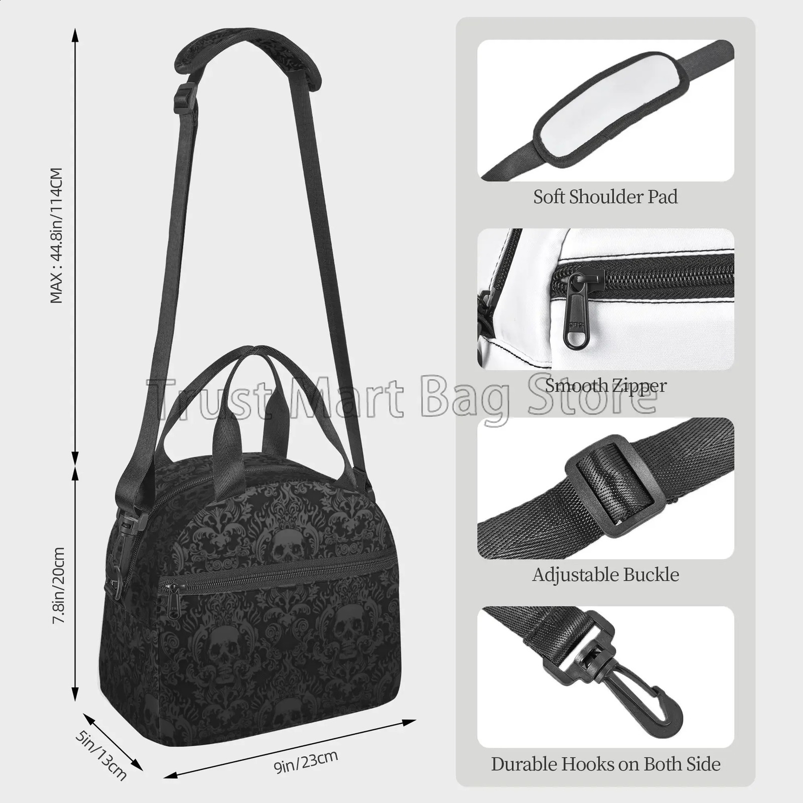 Gothic Black Skull Damask Insulated Lunch Bag Unisex Lunch Box with Detachable Shoulder Strap Reusable Thermal Cooler Tote Bag 250228