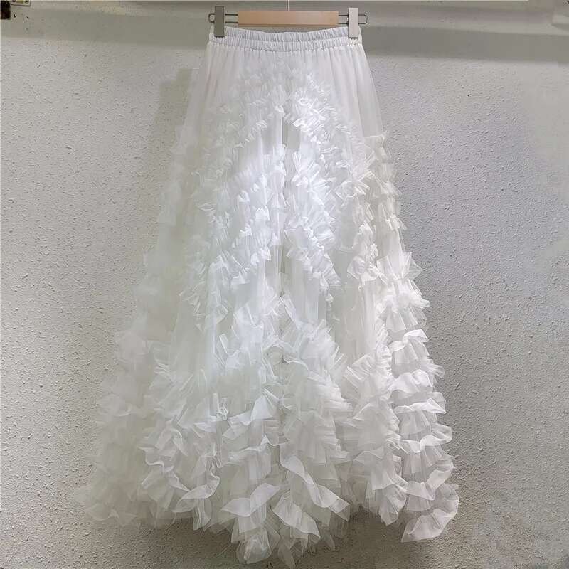 Mesh Spliced Loose Casual Sweet Style Skirts Irregular Hem Solid Color All-Match Women Skirt 2025 Spring New Tide 16O4126