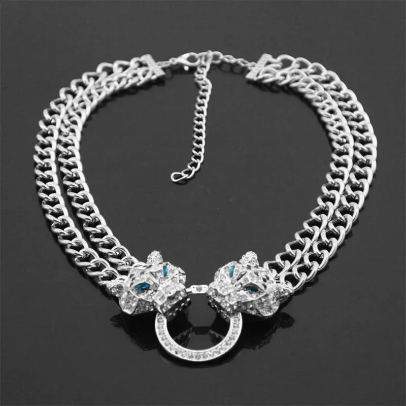 Hip Hop Crystal Double Leopard Head Pendant Necklace With Double Cuban Chain For Men Women Fashion Panther Jewelry drop 250228