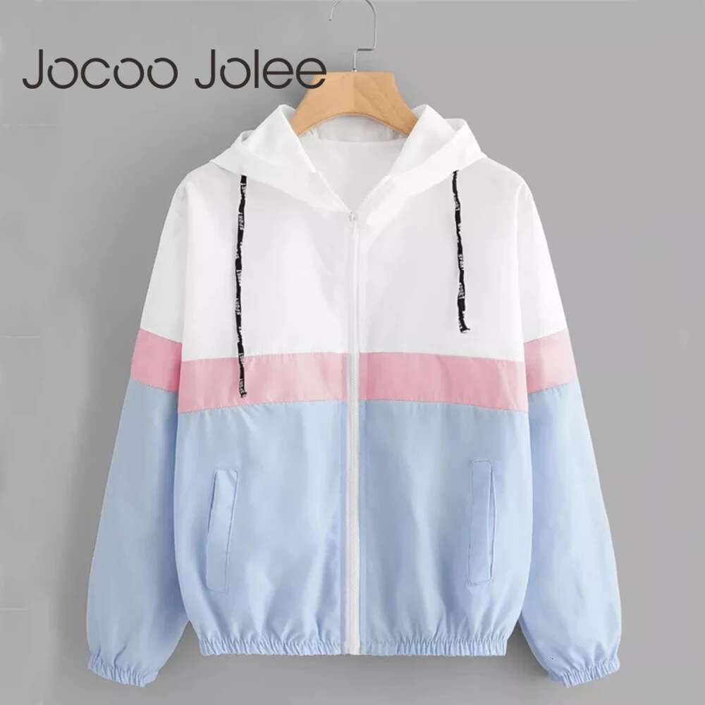 Fashion Hooded Windbreaker Women Elegant Color Block Patchwork Zipper Bomber Jacket Autumn Casual Coat Outerwear Raincoat