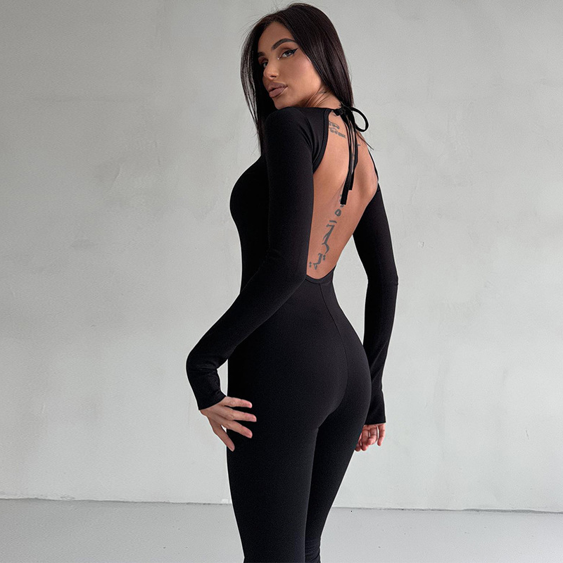 Women's New4 Spring New Fashion And Sexy Off Back Lace Solid Color Slim Fit Long Sleeved Jumpsuit