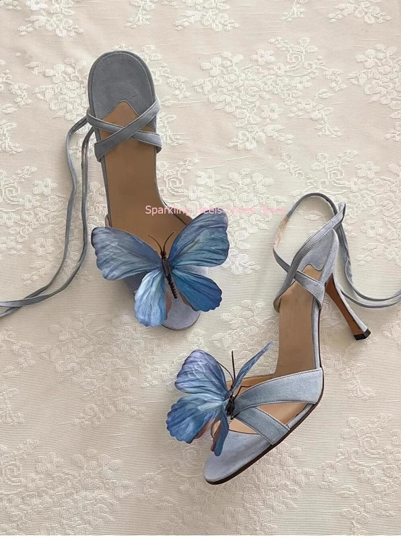 Woman Graceful Butterfly Flower Decoration Thin High Heel Sandal Shoes Female Buckle Ankle Strap Summer Wedding Sandal Shoes 250228