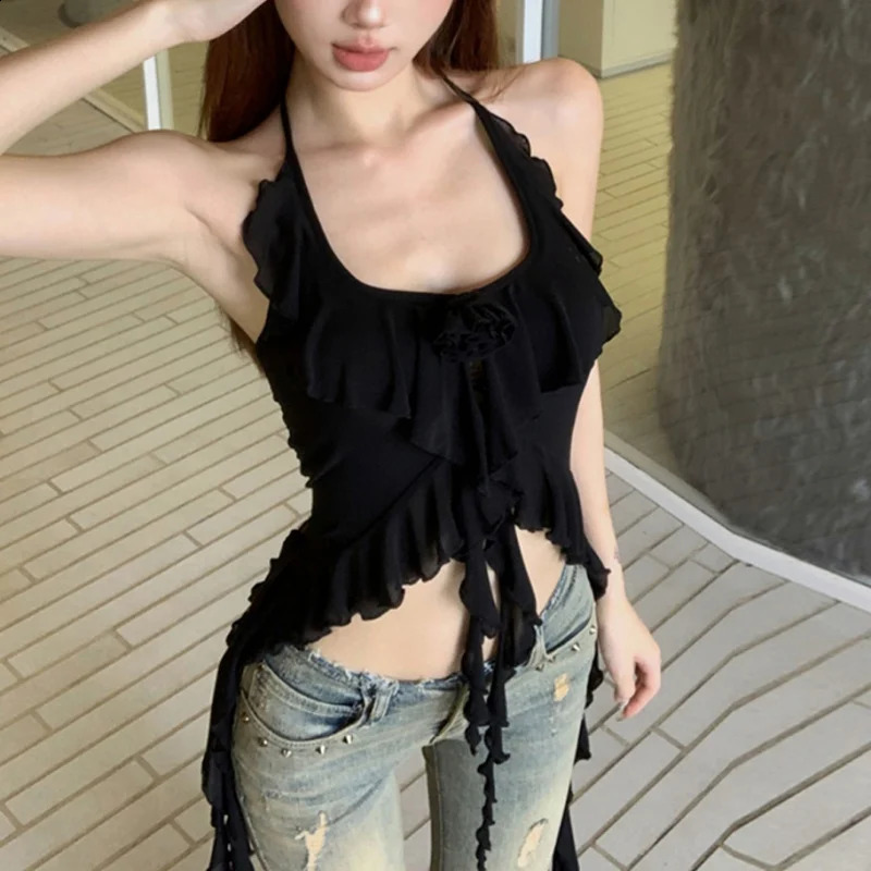 Women Camis Halterneck Ruffles n Unique Sexy Spicy s High Street Ins Korean Fashion Solid Attractive Top 250224