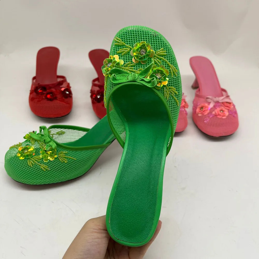 Summer Spring Womens Slippers Mesh Flower High Heels Sexy Ladies Non Slip Round Toe Wedding Sandals 250228
