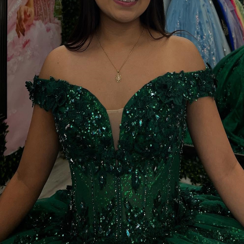 Blackish Green Shiny Quinceanera Dresses Ball Gown Off Shoulder Applique Lace Beads Tull Sweet 16 Dress Vestidos 15 De Anos