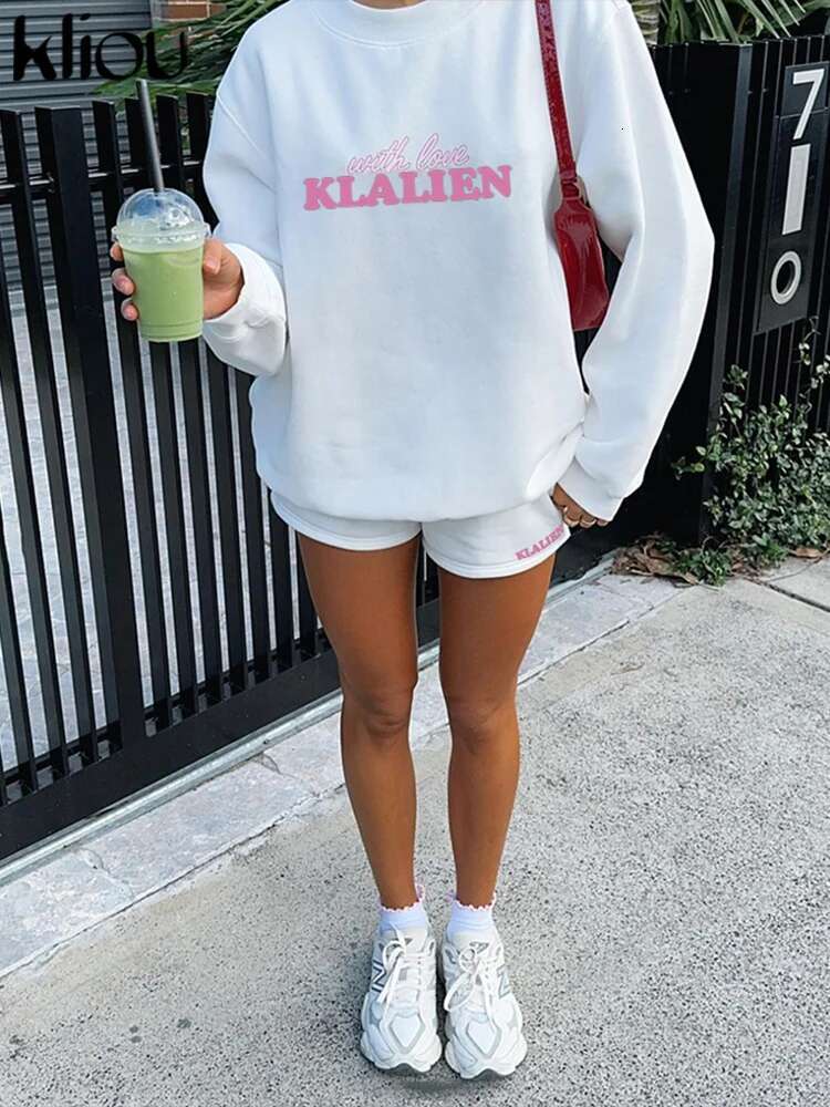 Kliou Casual Printed 2 Piece Women Concise Autumn Simple Long Sleeve O-Neck Sweatshirts+Elastic Waist Shorts Mujer Tracksuits
