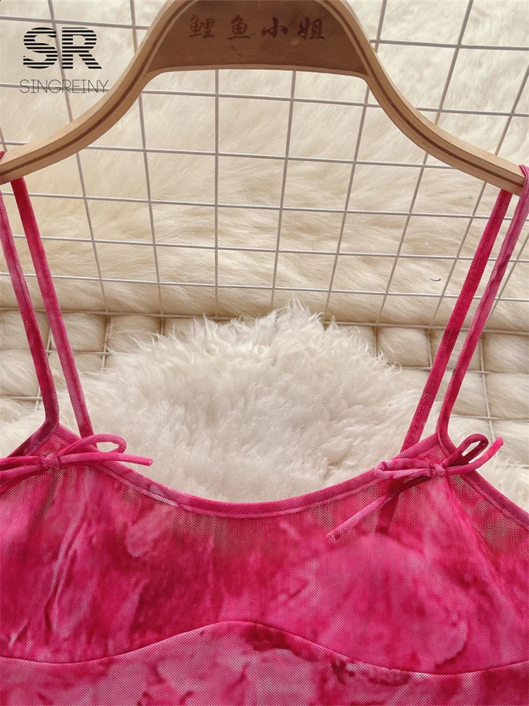 SINGREINY Fashion Sexy Two Piece Set Women Strap Camisole Ruffles Elastic Waist Mini Skirt Vacation Summer Slim Pink Suit 250228