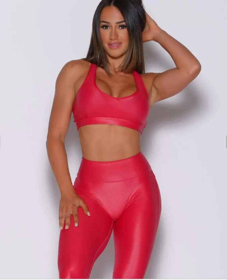 Pmwrun Women's Active Wear Bomb Shiny Fabric Leather Like Quick Dry Sport Bra Top High Waist Legging Yoga Set