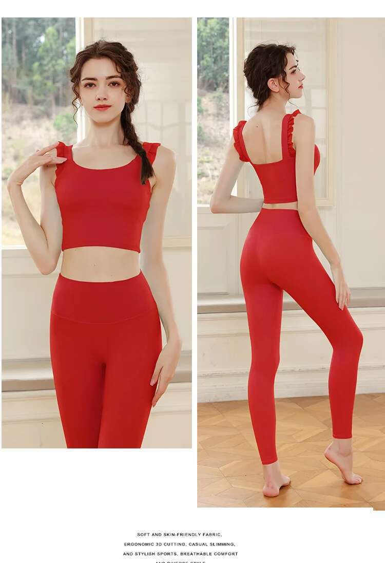 Yoga Sets Shockproof Bra With Lotus Hem High Waist Push Up Leggings Two Pieces Sports Suits Activewear Tracksuits
