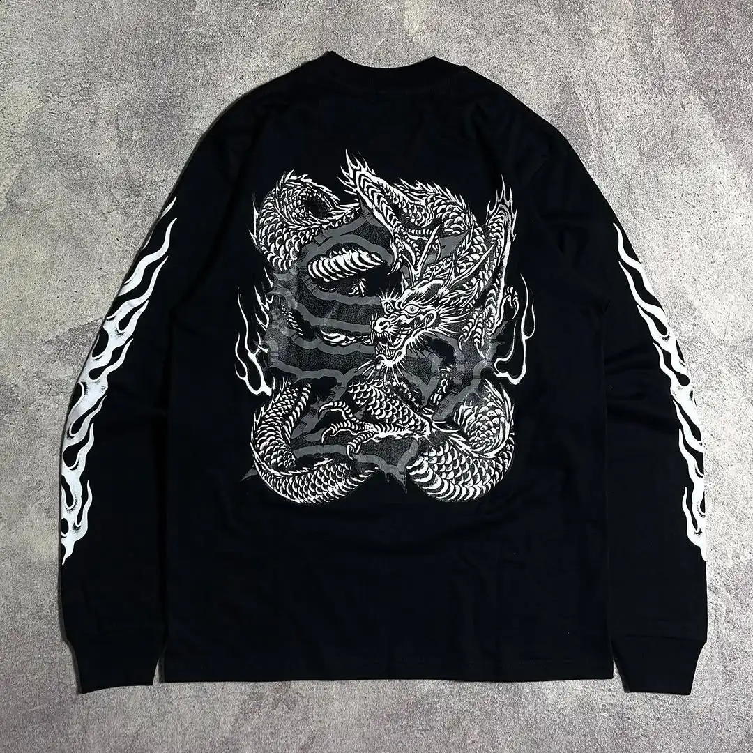 American Street Trend Dragon Elements Graffiti Art Demon Image Text Print Hoodie Mens Loose Sports Long Sleeve Couple Clothing 250228
