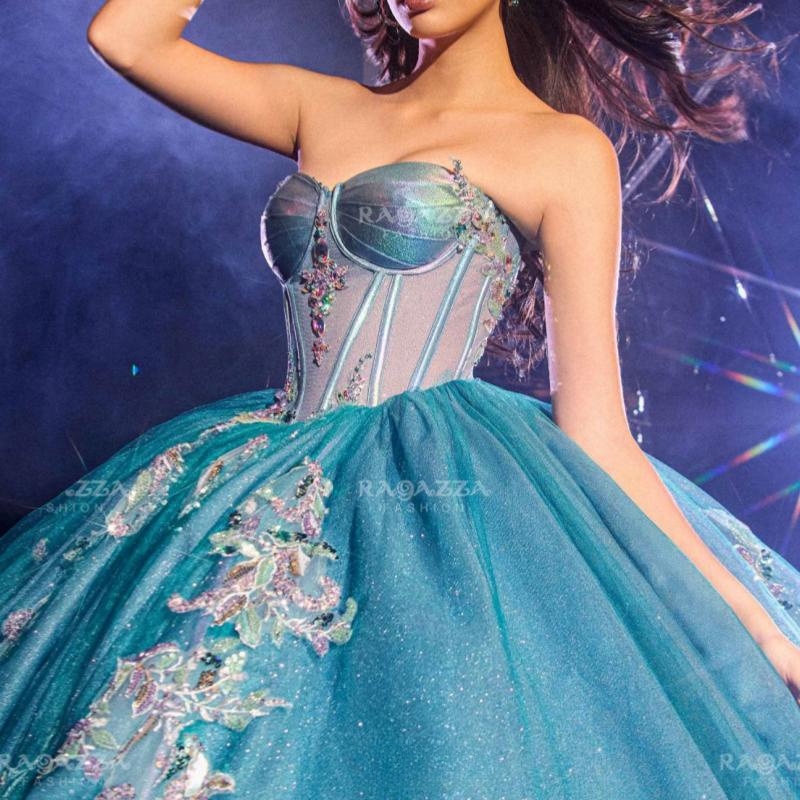 Water Blue Shiny Quinceanera Dresses Ball Gown Off Shoulder Applique Lace Beads Tull Corset Sweet 16 Dress Vestidos 15 De Anos