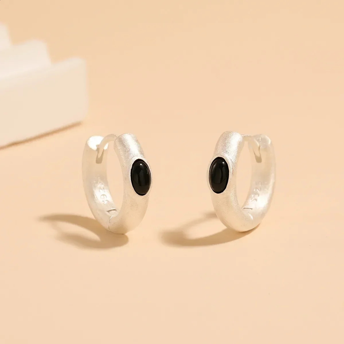 925 Sterling Silver Hoop Earrings with Chic and Simple Featuring Beautiful and Unique Black Agate Stones 250228