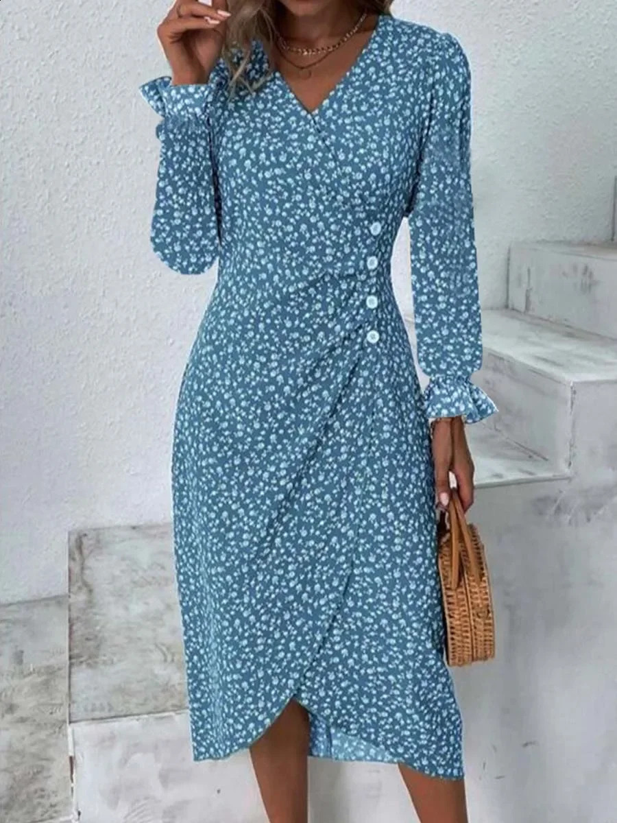Spring Floral Bodycon Midi Dress For Women V Neck Long Sleeve Ruched Slim Fit Dresses Female Sexy Dress 250226