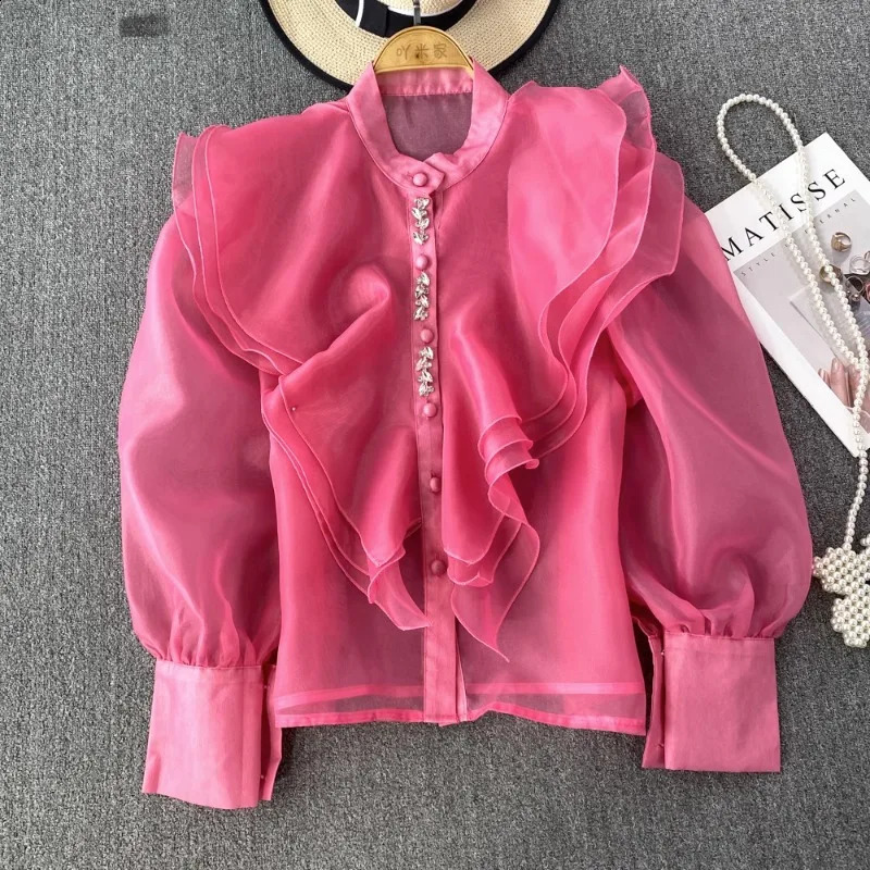 Chic Womens Tops And Blouses Organza Ruffles Blouse For Women Beading Mesh Sheer Blouse Feminina Elegant Korean Fashion Dropship 250228