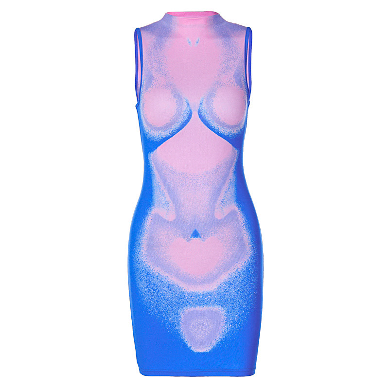 Wind Women's New Summer New Fashionable Printed Slim Fit Round Neck Sleeveless Hip Hugging Dress
