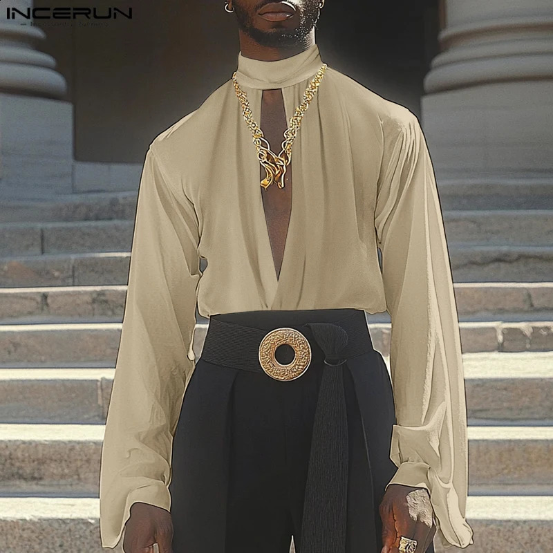 Casual Stand Collar Hollow Blouses INCERUN Men Long Sleeved Solid Color Shirts Fashion Loose Ruffled Edge Blouses 250224