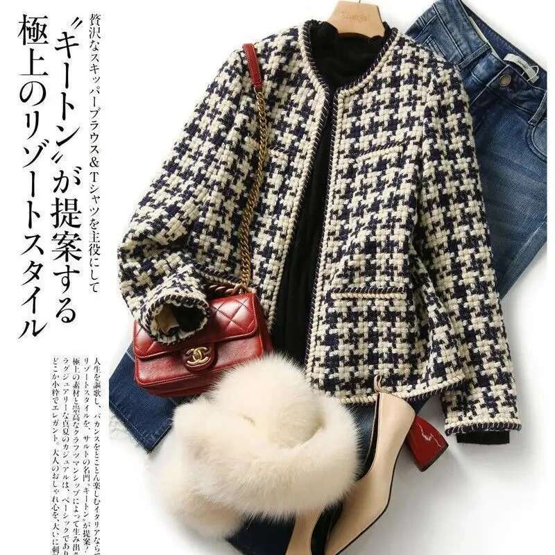 Silk Bright E Decoration Plaid Vintage O-Neck Long Sleeve Women's Jacket Covered Button Short Jackets Coat For Women