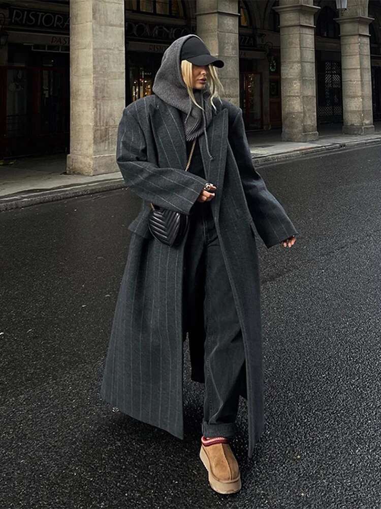 Vintage Women Stripe Woolen Overcoats Fashion Lapel Sleeves Oversized Long Coats 2024 Autumn Winter Lady Commute Jacket