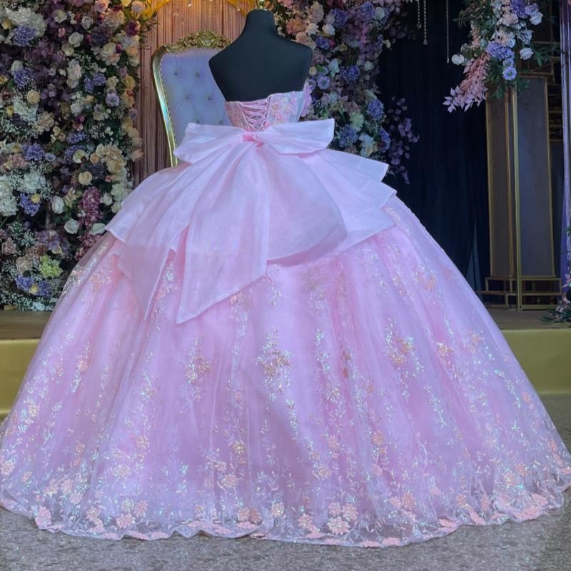 Pink Shiny Quinceanera Dresses Ball Gown Off The Shoulder Sequin Applique Lace Bow Beads Tull Party Birthday Sweet 16 Vestidos 15 De Anos