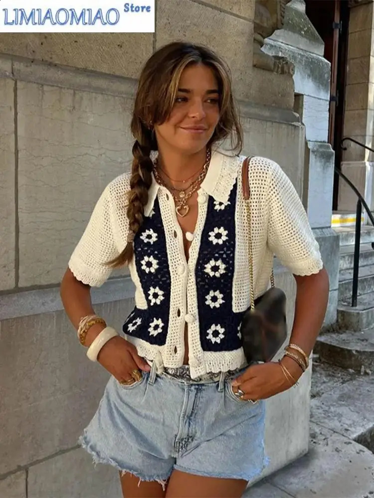 Elegant Crochet Hollow Out Tops Women Lapel Short Sleeved Crop Knit Sweater Lady Casual Button Office Knitwear Cardigan 250226