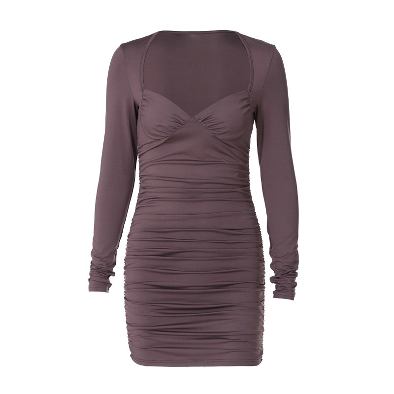 Feng Women's New4 New Spring Deep V Bra Long Sleeve Slim Fit Wrinkle Fashion Dress